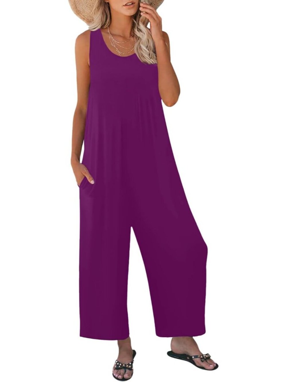 Women's Light Purple Casual Loose Tank Sleeveless Crewneck Long Pant Romper